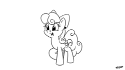 Size: 1200x675 | Tagged: safe, artist:pony-berserker, imported from derpibooru, oc, oc only, unnamed oc, earth pony, pony, bow, monochrome, smiling