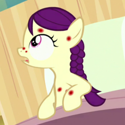 Size: 768x768 | Tagged: safe, imported from derpibooru, screencap, boysenberry, earth pony, pony, a flurry of emotions, bed, boysengasp, braid, braided pigtails, female, filly, gasp, gasping, horsey hives, hospital, hospital bed, pillow, ponyville hospital, sick, solo, solo focus, triple berry