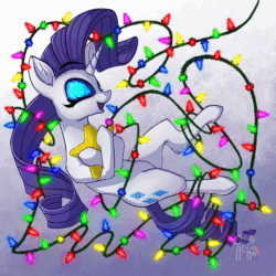 Size: 2304x2304 | Tagged: safe, artist:calena, derpibooru exclusive, imported from derpibooru, rarity, pony, unicorn, 2020, adorable face, animated, christmas, christmas lights, colorful, colors, cute, ear fluff, floating, happy, holiday, hug, lights, no sound, pillow, pillow hug, solo, tied, webm
