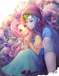 Size: 1371x1771 | Tagged: safe, artist:dengdengbobo, imported from derpibooru, fluttershy, rainbow dash, butterfly, equestria girls, anime, anime style, blushing, clothes, female, flower, flutterdash, lesbian, shipping, socks