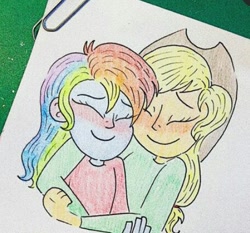 Size: 456x425 | Tagged: artist needed, source needed, safe, imported from derpibooru, applejack, rainbow dash, equestria girls, appledash, blushing, cute, dashabetes, duo, eyes closed, female, hug, jackabetes, lesbian, shipping, traditional art