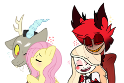 Size: 1476x993 | Tagged: safe, artist:nikytale, imported from derpibooru, discord, fluttershy, deer, demon, draconequus, pegasus, pony, wendigo, alastor, charlastor, charlie magne, charlie morningstar, crossover, deer demon, discoshy, female, hazbin hotel, infidelity, interspecies, male, radio demon, shipping, straight