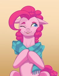 Size: 1600x2048 | Tagged: safe, artist:silverhopexiii, imported from derpibooru, pinkie pie, earth pony, pony, clothes, colored pupils, female, floppy ears, mare, one eye closed, open mouth, scarf, solo