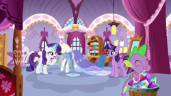 Size: 1920x1080 | Tagged: safe, imported from derpibooru, screencap, rarity, spike, twilight sparkle, alicorn, dragon, the last problem, carousel boutique, clothes, dress, gem, measuring tape, twilight sparkle (alicorn), winged spike, wings