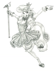 Size: 1000x1278 | Tagged: safe, artist:baron engel, imported from derpibooru, sweetie belle, anthro, unguligrade anthro, unicorn, cardcaptor sakura, female, grayscale, magical girl, magical girl outfit, mare, monochrome, older, older sweetie belle, pencil drawing, sealing wand, simple background, solo, story included, traditional art, white background