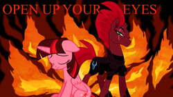 Size: 3840x2160 | Tagged: safe, artist:ejlightning007arts, imported from derpibooru, tempest shadow, twilight sparkle, alicorn, unicorn, my little pony: the movie, armor, broken horn, eye scar, eyes closed, fire, horn, open up your eyes, sad, scar, sitting, song reference, twilight sparkle (alicorn), wallpaper