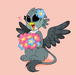 Size: 4096x4034 | Tagged: safe, artist:kittyrosie, imported from derpibooru, gabby, griffon, best griffon, blushing, bouquet, cute, digital art, female, flower, flower in hair, gabbybetes, happy, kittyrosie is trying to murder us, open mouth, pink background, simple background, smiling, solo, spread wings, weapons-grade cute, wings