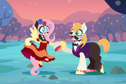 Size: 2160x1440 | Tagged: safe, anonymous artist, imported from derpibooru, big macintosh, fluttershy, earth pony, pegasus, pony, series:fm holidays, bowtie, calavera catrina, catalina la catrina, catrina (calavera garbancera), clothes, dancing, dia de los muertos, dress, face paint, female, floating, flower, flower in hair, fluttermac, holiday, hoof hold, lineless, looking at you, male, mare, no pupils, rose, shipping, stallion, straight, sunset, vest
