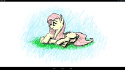 Size: 1024x576 | Tagged: safe, artist:erhannis, imported from derpibooru, fluttershy, pegasus, pony, blue eyes, female, grass, lying down, pink hair, pixel art, prone, simple background, smiling, solo, yellow coat