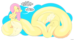 Size: 3000x1625 | Tagged: safe, artist:omnifelpur, artist:tacokurt, imported from derpibooru, fluttershy, lamia, original species, blue background, breasts, coils, confident, crossed arms, cute, dialogue, featureless breasts, female, fetish, fluttersnake, lamiafied, lamiashy, looking at you, nose in the air, ominous, shyabetes, simple background, solo, solo female, species swap, speech bubble, transparent background, word balloon