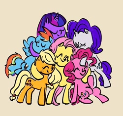 Size: 1000x940 | Tagged: safe, artist:laya-21, imported from derpibooru, applejack, fluttershy, pinkie pie, rainbow dash, rarity, twilight sparkle, earth pony, pegasus, pony, unicorn, ambiguous race, eyes closed, group hug, hug