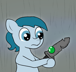 Size: 640x600 | Tagged: safe, artist:ficficponyfic, color edit, edit, editor:minus, imported from derpibooru, oc, oc only, oc:larimar, earth pony, pony, colt quest, colored, colt, foal, gem, male, solo, surprised, sword, weapon