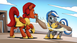 Size: 2560x1440 | Tagged: safe, artist:mysticalpha, imported from derpibooru, oc, oc only, oc:captain sunride, oc:cloud zapper, pegasus, pony, armor, male, pegasus oc, royal guard, royal guard armor, stallion, training, wings, wooden sword