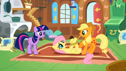 Size: 1920x1080 | Tagged: safe, imported from derpibooru, screencap, applejack, fluttershy, twilight sparkle, earth pony, pegasus, pony, unicorn, the return of harmony, bondage, context is for the weak, hogtied, lying down, mouth hold, on back, out of context, rope, unicorn twilight