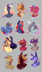 Size: 2000x3400 | Tagged: safe, artist:spookierdeer, imported from derpibooru, applejack, big macintosh, fluttershy, maud pie, pinkie pie, rainbow dash, rarity, starlight glimmer, sunset shimmer, trenderhoof, trixie, twilight sparkle, anthro, flutter pony, big breasts, breasts, colored wings, eyes closed, featureless breasts, female, flower, flower in hair, gray background, male, mane six, multicolored wings, noblewoman's laugh, race swap, rainbow wings, redesign, simple background, wings