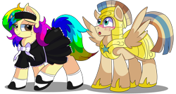 Size: 8000x4300 | Tagged: safe, artist:rainbowtashie, imported from derpibooru, braeburn, wind waker (character), oc, oc:rainbow tashie, oc:spicy cider, earth pony, pegasus, pony, armor, blushing, clothes, commissioner:bigonionbean, costume, cute, earth pony oc, female, fusion, fusion:braeburn, fusion:spicy cider, fusion:wind waker, halloween, halloween costume, holiday, husband and wife, loving gaze, maid, maid headdress, male, mare, royal guard, royal guard armor, shipping, simple background, spread wings, stallion, straight, teasing, transparent background, wingboner, wings, writer:bigonionbean