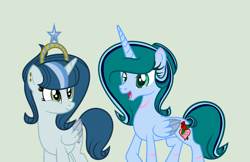 Size: 2470x1596 | Tagged: safe, artist:lominicinfinity, imported from derpibooru, oc, oc only, oc:clarity shine, oc:infinity mi rosalinda, alicorn, pony, crown, female, jewelry, mare, regalia, scar