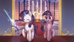 Size: 3289x1874 | Tagged: safe, artist:mirroredsea, imported from derpibooru, rarity, twilight sparkle, alicorn, pony, unicorn, duo, levitation, magic, sword, telekinesis, twilight sparkle (alicorn), weapon