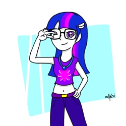 Size: 768x768 | Tagged: safe, artist:akainatt, imported from derpibooru, twilight sparkle, human, belly button, clothes, humanized, jeans, midriff, pants, solo