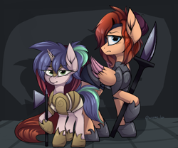 Size: 3092x2576 | Tagged: safe, artist:arume_lux, artist:luxsimx, imported from derpibooru, oc, oc only, pegasus, pony, unicorn, armor, duo, eye clipping through hair, female, looking at you, mare, weapon