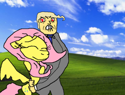 Size: 720x550 | Tagged: safe, artist:appiusfrancis, imported from derpibooru, fluttershy, human, pegasus, pony, 1000 hours in ms paint, donald trump, go to sleep op, hug, male, politics, wat