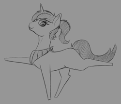 Size: 1100x950 | Tagged: safe, artist:stray prey, imported from derpibooru, oc, oc only, oc:altus bastion, pony, unicorn, extended trot pose, grayscale, monochrome, neckerchief, ponytail, profile, sketch, solo