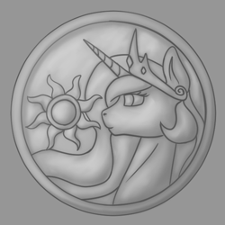 Size: 550x550 | Tagged: safe, artist:stray prey, imported from derpibooru, princess celestia, pony, bits, bust, coin, gray background, grayscale, monochrome, profile, simple background, solo, sun