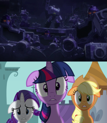 Size: 729x840 | Tagged: safe, edit, edited screencap, imported from derpibooru, screencap, applejack, rarity, twilight sparkle, earth pony, pony, unicorn, a canterlot wedding, clash of hasbro's titans, comparison, decepticon, floppy ears, megatron, reflector, shocked, transfomers: war for cybertron: siege, transformers, transformers netflix, unicorn twilight