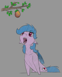 Size: 1300x1600 | Tagged: safe, artist:stray prey, imported from derpibooru, oc, oc only, oc:fruit hulu, bat pony, pony, bat pony oc, bat wings, eyes on the prize, fangs, floppy ears, fruit, gray background, herbivore, hungry, open mouth, simple background, sketch, solo, wings