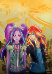 Size: 754x1080 | Tagged: safe, artist:enjal, imported from derpibooru, aria blaze, sunset shimmer, equestria girls, duo, female, lesbian, shipping, siblings, sisters, sunblaze