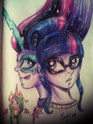 Size: 1200x1600 | Tagged: safe, artist:enjal, imported from derpibooru, sci-twi, twilight sparkle, oc, alicorn, pony, equestria girls, bust, duality, glasses, midnight sparkle, portrait, sidemouth, traditional art