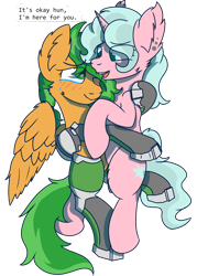 Size: 2150x3000 | Tagged: safe, artist:plone, imported from derpibooru, oc, oc only, oc:atom smasher, oc:candy chip, cyborg, pegasus, unicorn, the sunjackers, amputee, cyberpunk, female, hug, mare, prosthetics, simple background, teary eyes, text, transparent background