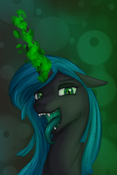 Size: 1000x1500 | Tagged: safe, artist:stray prey, imported from derpibooru, queen chrysalis, changeling, changeling queen, bust, female, floppy ears, glowing horn, horn, open mouth, sharp teeth, solo, teeth, tongue out