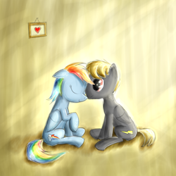 Size: 1500x1500 | Tagged: safe, artist:vunlinur, imported from derpibooru, rainbow dash, oc, pegasus, pony, canon x oc, duo, eyes closed, female, heart, male, straight