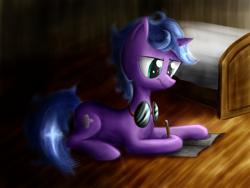 Size: 1600x1200 | Tagged: safe, artist:vunlinur, imported from derpibooru, oc, oc only, pony, unicorn, bed, female, pencil, solo, writing