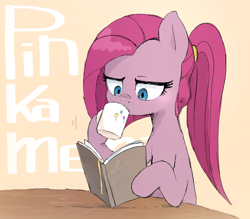 Size: 2740x2400 | Tagged: safe, artist:fuyugi, artist:nendo, imported from derpibooru, pinkie pie, earth pony, pony, book, cutie mark accessory, drinking, female, mug, pinkamena diane pie, ponytail, reading, solo, solo female