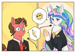 Size: 2000x1400 | Tagged: safe, artist:sugarelement, imported from derpibooru, princess celestia, oc, oc:banana pie, alicorn, unicorn, :i, banana, clothes, female, food, handkerchief, microphone, necktie, speech bubble, suit, sun, sunglasses, that pony sure does love bananas