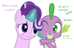 Size: 1020x660 | Tagged: safe, artist:ursamanner, imported from derpibooru, spike, starlight glimmer, dragon, pony, unicorn, blushing, cheek pinch, cute, dialogue, female, glimmerbetes, magic, male, one eye closed, shipping, show accurate, simple background, smiling, sparlight, spikabetes, spikelove, straight, white background