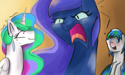 Size: 1366x820 | Tagged: safe, artist:nanazdina, imported from derpibooru, princess celestia, princess luna, oc, oc:earth-chan, alicorn, earth pony, pony, comic, earth, earth chan, eclipse, fanart, female, ponified, royal sisters, scared, screaming, siblings, simple shading, sisters, trio