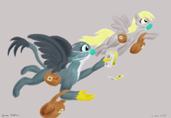 Size: 2600x1800 | Tagged: safe, artist:rockhoppr3, imported from derpibooru, derpy hooves, gabby, griffon, pegasus, pony, bag, coronavirus, covid-19, envelope, flying, gray background, mask, saddle bag, simple background, surgical mask