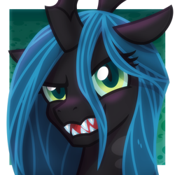 Size: 2048x2048 | Tagged: safe, artist:whitequartztheartist, imported from derpibooru, queen chrysalis, changeling, changeling queen, bust, crown, fangs, female, jewelry, open mouth, portrait, regalia, solo