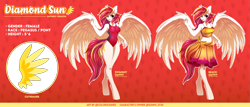 Size: 7572x3226 | Tagged: safe, artist:ask-colorsound, imported from derpibooru, oc, oc only, oc:diamond sun, anthro, pegasus, unguligrade anthro, abstract background, absurd resolution, belly button, breasts, clothes, female, mare, midriff, one-piece swimsuit, reference sheet, smiling, solo, spread wings, swimsuit, wings