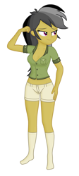 Size: 1630x3630 | Tagged: safe, editor:ah96, imported from derpibooru, daring do, human, equestria girls, bedroom eyes, breasts, busty daring do, clothes, denim shorts, female, flexing, ms paint, shading, shorts, simple background, smiling, solo, white background