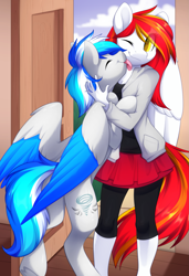 Size: 1869x2737 | Tagged: safe, artist:scarlet-spectrum, imported from derpibooru, oc, oc:diamond sun, oc:hawker hurricane, anthro, pegasus, pony, series:pet hawk, alternate universe, anthro with ponies, clothes, commission, duo, female, hawkmond, licking, male, mare, skirt, stallion, tongue out