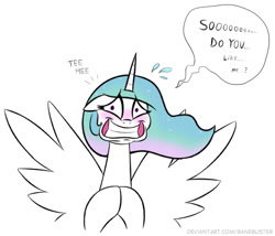 Size: 504x432 | Tagged: safe, artist:banebuster, imported from derpibooru, princess celestia, alicorn, pony, series:tiny tia, blushing, bronybait, duckery in the comments, grin, nervous, nervous grin, simple background, smiling, solo, talking to viewer, white background
