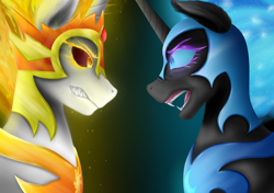 Size: 3840x2700 | Tagged: safe, artist:flaxen's art corner, imported from derpibooru, daybreaker, nightmare moon, alicorn, glowing eyes, looking at each other, open mouth