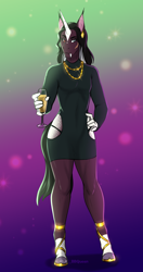Size: 2442x4630 | Tagged: safe, artist:blackblood-queen, imported from derpibooru, oc, oc only, oc:demetrius crow, anthro, bat pony, bat pony unicorn, hybrid, unguligrade anthro, unicorn, abstract background, alcohol, anthro oc, backlighting, beautiful, beautisexy, black dress, breasts, champagne, clothes, coat markings, delicious flat chest, digital art, dress, ear piercing, earring, facial markings, fangs, female, glass, gradient background, hand on hip, heterochromia, hoof shoes, hooves, horn, jewelry, legs, little black dress, looking at you, mare, necklace, piercing, quadriceps, scar, sexy, slit eyes, slit pupils, socks (coat marking), socks (coat markings), solo, star (coat marking), thighs, wide hips, wine, wine glass