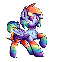 Size: 2377x2551 | Tagged: safe, artist:coco-drillo, imported from derpibooru, rainbow dash, pegasus, pony, alternate hairstyle, chest fluff, clothes, colorful, colourful, cute, ear fluff, floppy ears, folded wings, freckles, kneesocks, rainbow socks, raised hoof, simple background, smiling, socks, stockings, striped socks, thigh highs, transparent background, wings