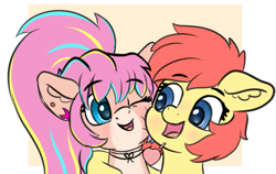 Size: 3628x2299 | Tagged: safe, artist:yelowcrom, imported from derpibooru, oc, oc only, oc:bijou butterfly, oc:brushie, earth pony, pony, blushing, duo, ear piercing, female, heart, looking at each other, mare, multicolored mane, pale belly, piercing, reference sheet, simple background