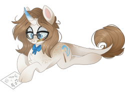 Size: 2224x1668 | Tagged: safe, artist:cinnamontee, imported from derpibooru, oc, oc only, oc:goldie steak, pony, unicorn, cloven hooves, curved horn, female, glasses, horn, leonine tail, lying down, mare, mouth hold, paper, pencil, prone, simple background, solo, transparent background